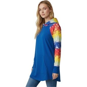 Womens Lularoe Blue Amber Hoodie Colorful Rainbow Sleeves Lightweight Size Small